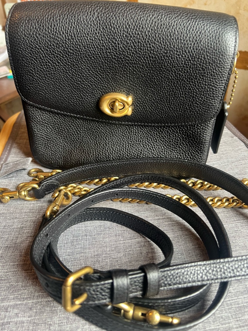 Black Leather Top-Handle Crossbody Bag with Gold Hardware - Picture 4 of 6